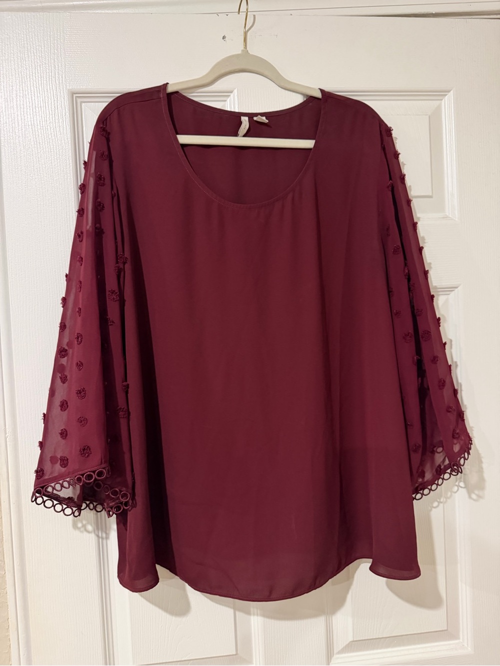 Cato Burgundy Sheer Embroidered Sleeve Blouse